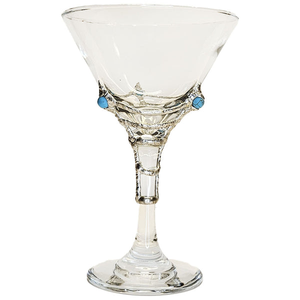 Three turquoise balls are weaved into a spider's web onto this 9 oz martini glass. One of Daniella's favorite designs. Back view