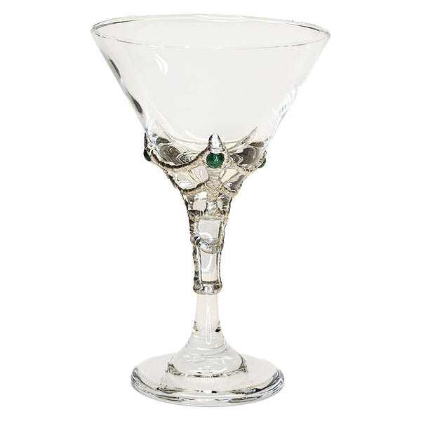 Three emerald faceted balls are weaved into a spider's web onto this 9 oz martini glass. Weaved without spider. view 2