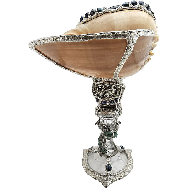 Melon shell chalice with black pearls, pyrite, aventurine chips and a purple hue labradorite cabochon.
