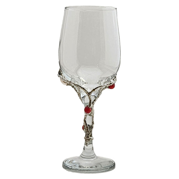 Our leaf flower design on a 20 oz white wine glass is set with three cherry quartz balls and a white pearl. Lovely and special for any special occasion, even watching a great movie. Side view