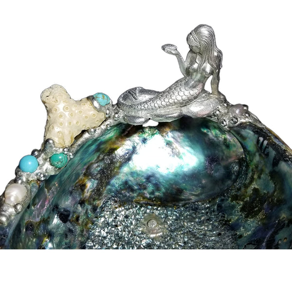 Seascape mermaid on an abalone shell jewelry bowl close up
