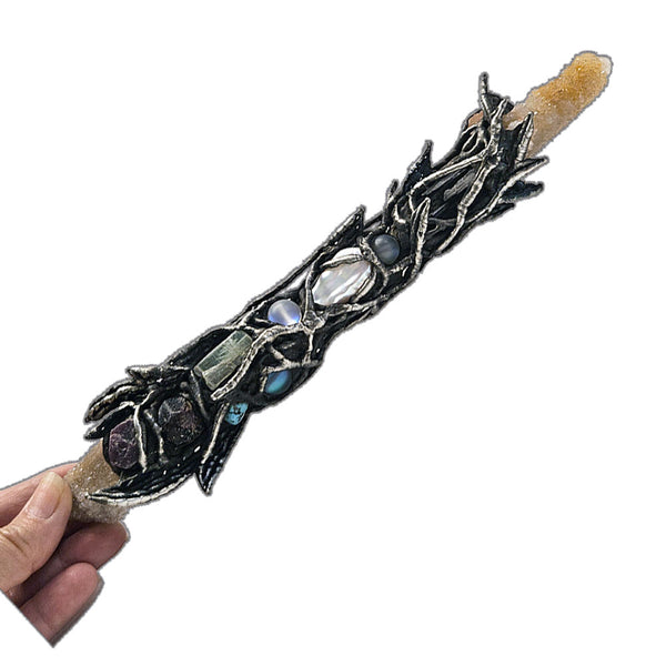 African Spirit Quartz Wand with quartz, amethyst ruby, garnet, black tourmaline, pink moonstone, turquoise, black coin pearl and mermaid beads back view