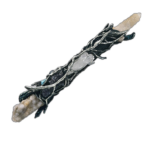 African Spirit Quartz Wand with quartz, amethyst ruby, garnet, black tourmaline, pink moonstone, turquoise, black coin pearl and mermaid beads