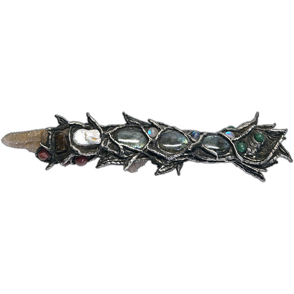  African Spirit Quartz and Sapphire Wand with amethyst, quartz cluster, Mexican concha, labradorite cabochons, ruby crystal balls, emerald crystal beads and mermaid tears back view