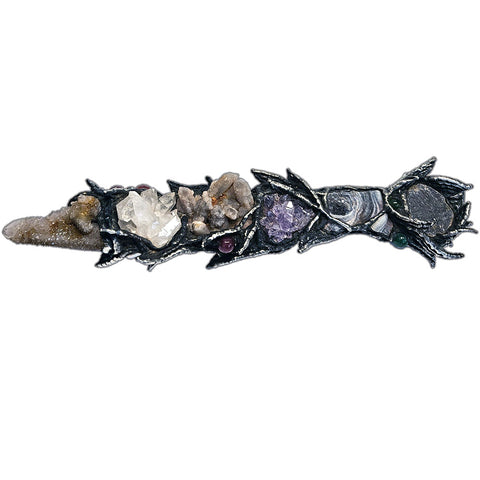  African Spirit Quartz and Sapphire Wand with amethyst, quartz cluster, Mexican concha, labradorite cabochons, ruby crystal balls, emerald crystal beads and mermaid tears