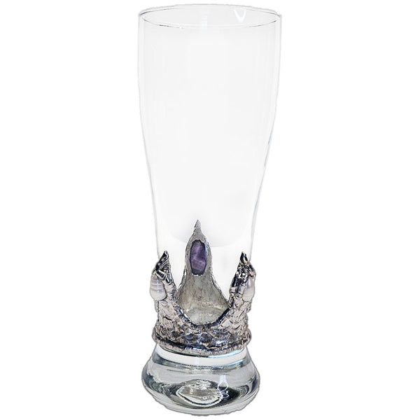 Luxurious pilsner glass with a teardrop amethyst cabochon accented by two radiant white pearls back view