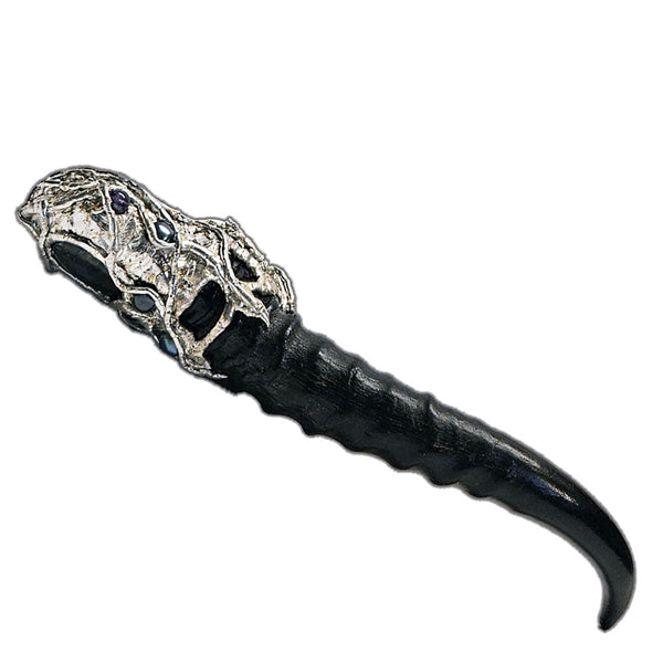 Amethyst cluster and blesbok horn scepter with black pearls side view