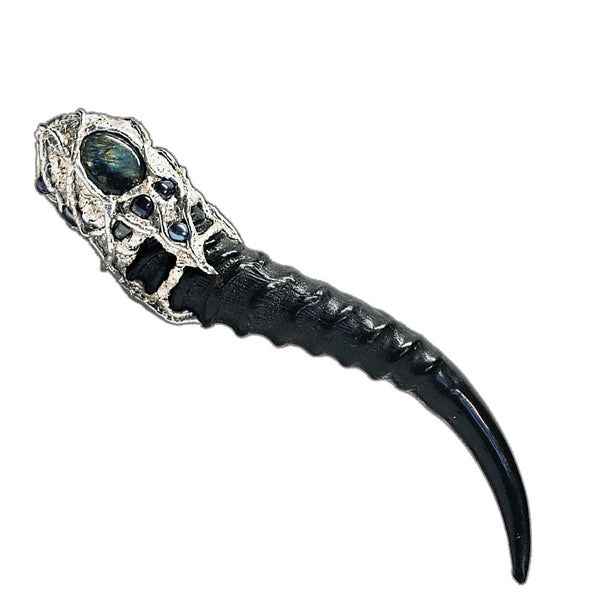 Amethyst cluster and blesbok horn scepter with black pearls back view