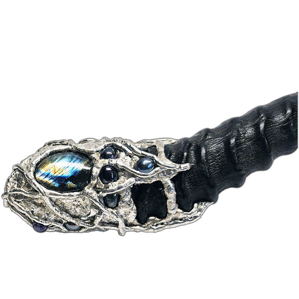 Amethyst cluster and blesbok horn scepter with black pearls close up