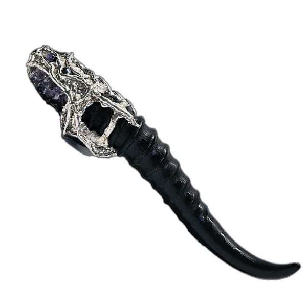 Amethyst cluster and blesbok horn scepter with black pearls side view 2 view