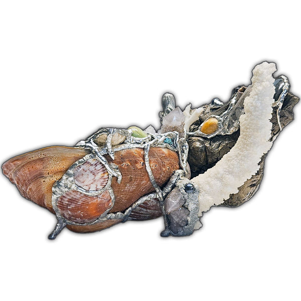 A mermaid rests on a large pink abalone shell, adorned with corals, seashells, gemstones and driftwood back view 2