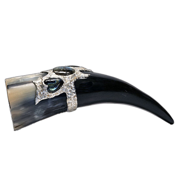 a drinking horn made from steer with three labradorite cabochon two are transformed into hearts side 2