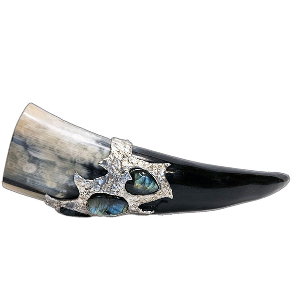 a drinking horn made from steer with three labradorite cabochon two are transformed into hearts side 1