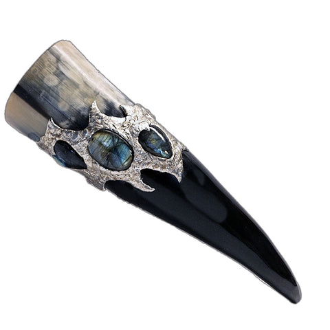 a drinking horn made from steer with three labradorite cabochon two are transformed into hearts