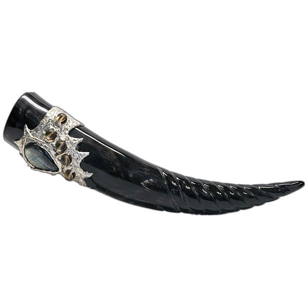 a drinking horn made from steer, turquoise cabochon, a large turquoise nugget and two small turquoise nuggets and three mermaid tears side view 2