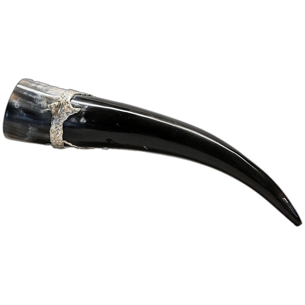 a drinking horn made from steer, turquoise cabochon, a large turquoise nugget and two small turquoise nuggets and three mermaid tears back view