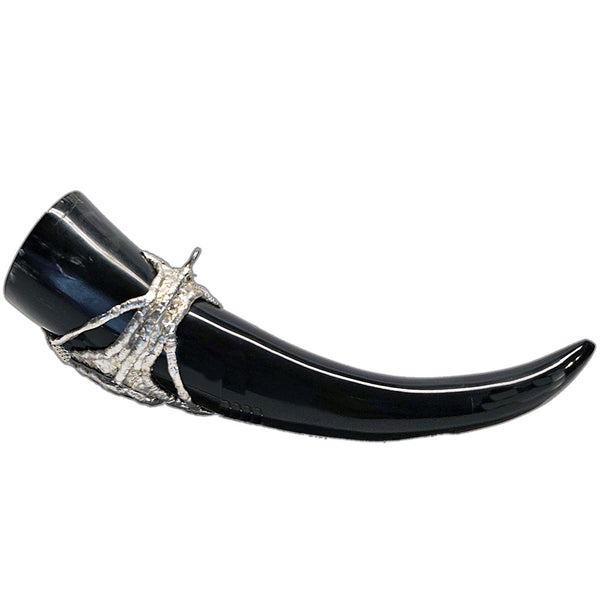 a small drinking horn made from steer with a large labradorite cabochon side view