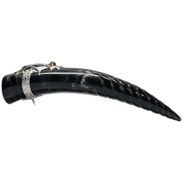 a drinking horn made from steer, carved spiral at the bottom with a labradorite cabochon and five mermaid tears side view 2