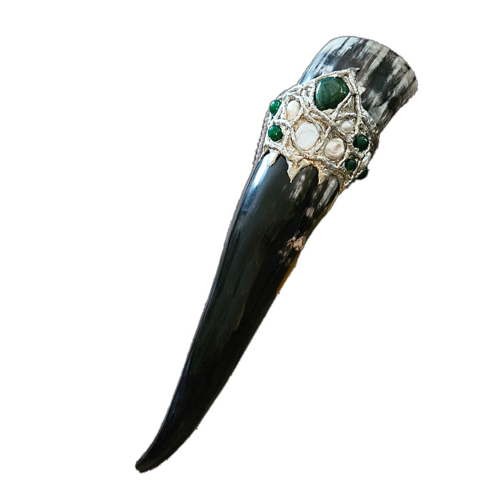 Steer Drinking Horn with emerald cabochon, six emerald crystal beads and six multi-shaped white pearls