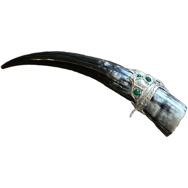 Steer Drinking Horn with emerald cabochon, six emerald crystal beads and six multi-shaped white pearls side view