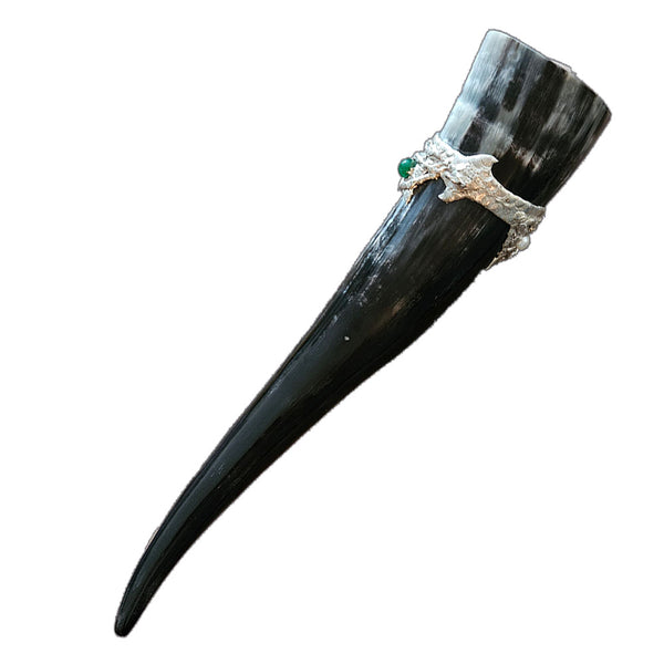 Steer Drinking Horn with emerald cabochon, six emerald crystal beads and six multi-shaped white pearls back view