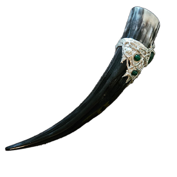 Steer Drinking Horn with emerald cabochon, six emerald crystal beads and six multi-shaped white pearls side view