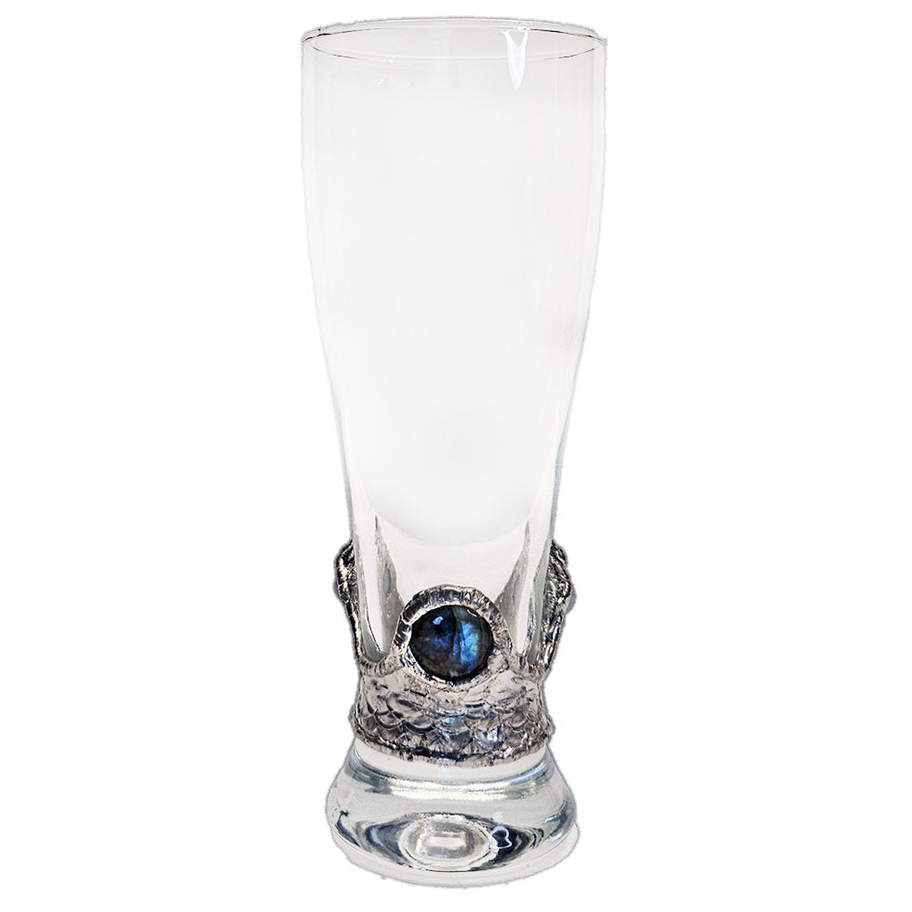 Elegant pilsner glass featuring a polished labradorite cabochon and two light aquamarine accents, unusual, handcrafted gifts, beer lovers' glass, unique barware