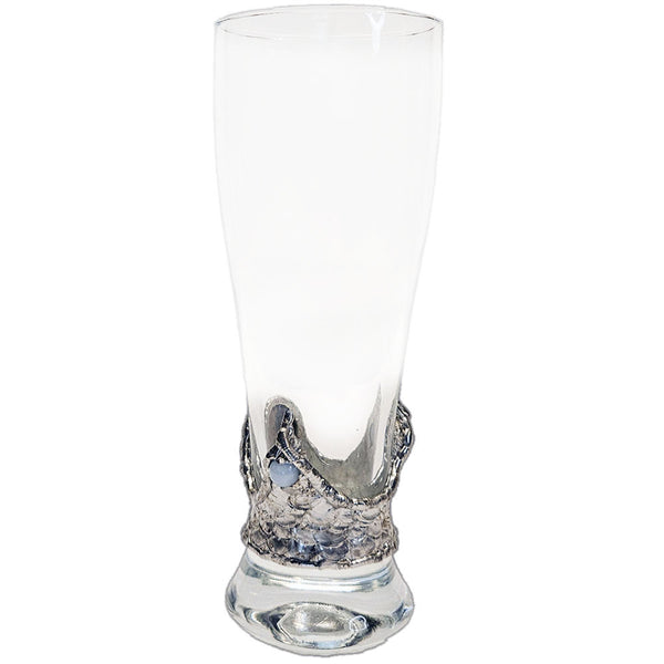 Elegant pilsner glass featuring a polished labradorite cabochon and two light aquamarine accents, unusual, handcrafted gifts, beer lovers' glass, unique barware side view