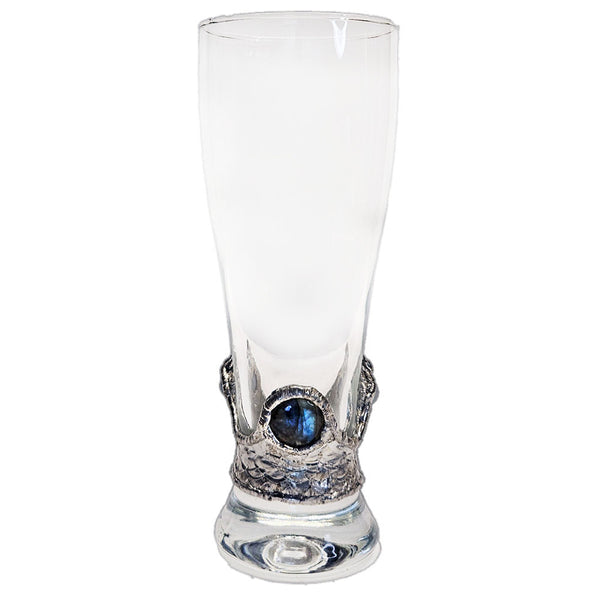 Elegant pilsner glass featuring a polished labradorite cabochon and two light aquamarine accents, unusual, handcrafted gifts, beer lovers' glass, unique barware