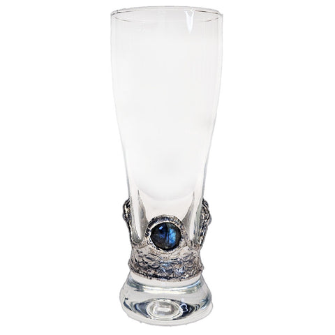 Elegant pilsner glass featuring a polished labradorite cabochon and two light aquamarine accents, unusual, handcrafted gifts, beer lovers' glass, unique barware