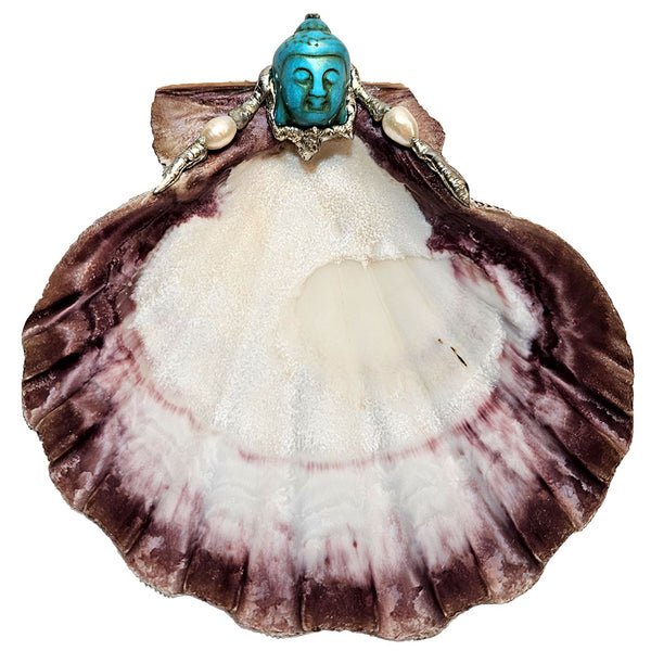 Lion paw shell bowl with turquoise Buddha head and rice pearls. Perfect decorative dish for jewelry, potpourri, or small keepsakes