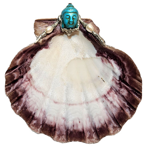 Lion paw shell bowl with turquoise Buddha head and rice pearls. Perfect decorative dish for jewelry, potpourri, or small keepsakes