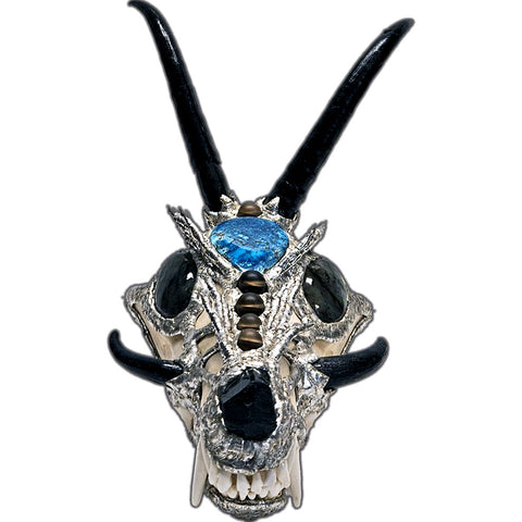 Baby dragon coyote skull, four springbok horns, two labradorite cabochons for eyes, black tourmaline nose and seven mermaid tears