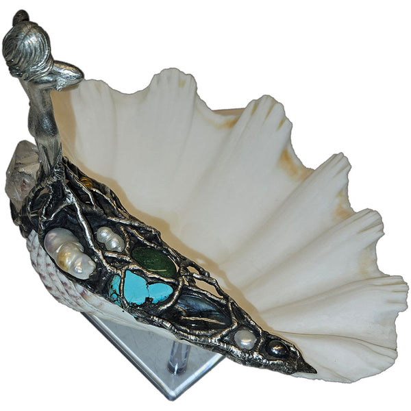 a luminous clam shell with a standing water nymph adorned in turquoise, labradorite, emerald, quartz, pearls, amethyst, and ruby. A talisman of elemental balance, spiritual renewal, and oceanic enchantment top view