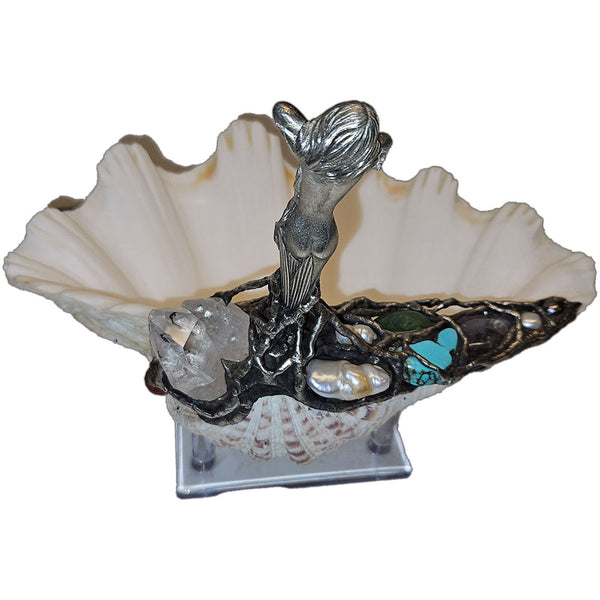 a luminous clam shell with a standing water nymph adorned in turquoise, labradorite, emerald, quartz, pearls, amethyst, and ruby. A talisman of elemental balance, spiritual renewal, and oceanic enchantment back view 1