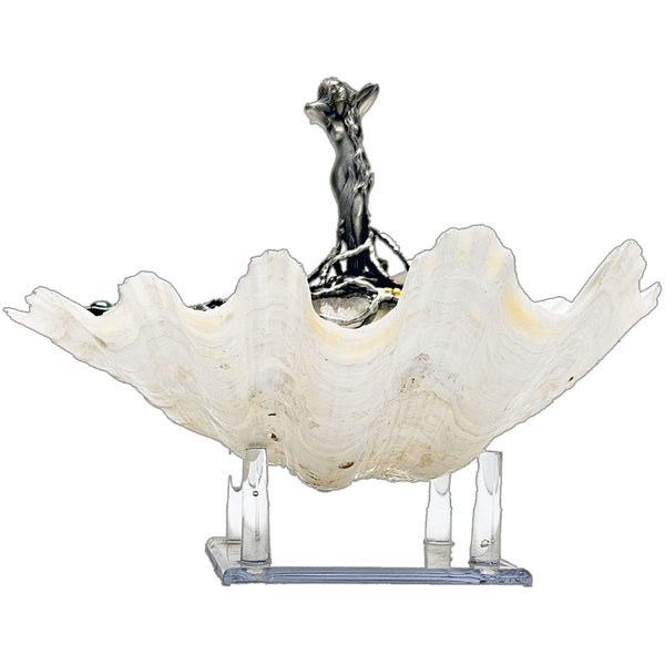 a luminous clam shell with a standing water nymph adorned in turquoise, labradorite, emerald, quartz, pearls, amethyst, and ruby. A talisman of elemental balance, spiritual renewal, and oceanic enchantment front view