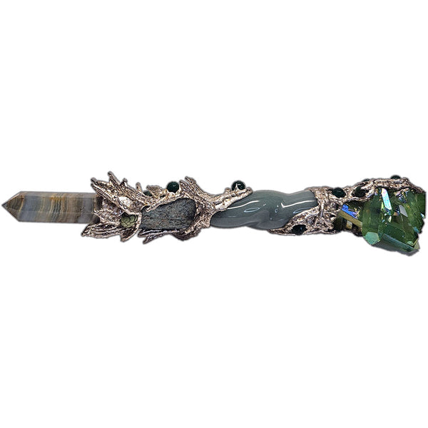 Rainbow agate and green aqua aura wand with aventurine center, green fuchsite, emerald crystal beads side view