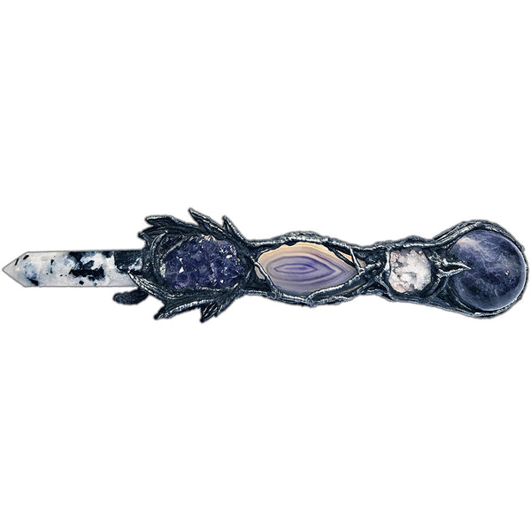 Rainbow Moonstone and Amethyst Wand with labradorite, amethyst ball and cluster, purple agate slice, Botswana agate cabochon, mermaid tears