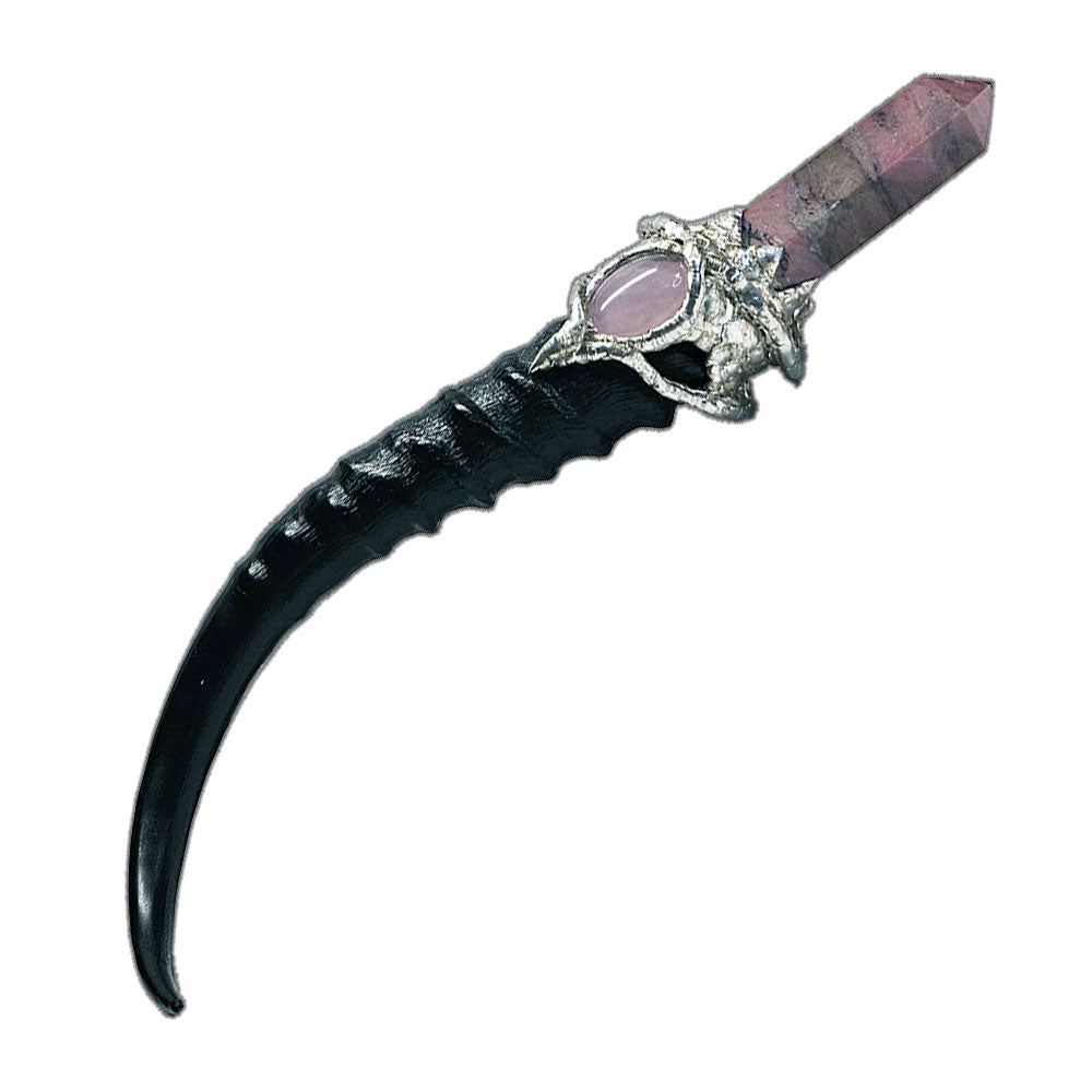 Rhodonite in its matrix with rose quartz cabochon and a white pearl on a blesbok horn scepter