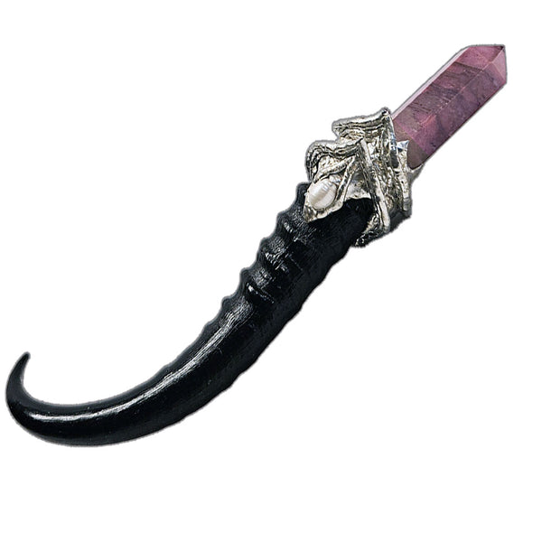 Rhodonite in its matrix with rose quartz cabochon and a white pearl on a blesbok horn scepter back view