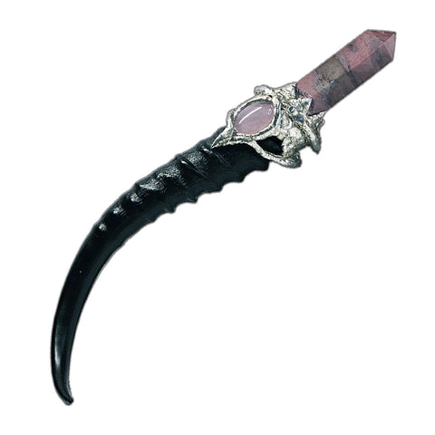 Rhodonite in its matrix with rose quartz cabochon and a white pearl on a blesbok horn scepter