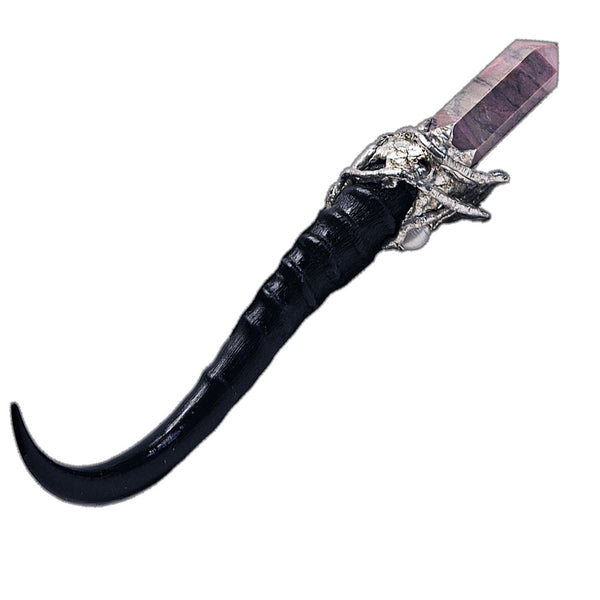 Rhodonite in its matrix with rose quartz cabochon and a white pearl on a blesbok horn scepter side view 2