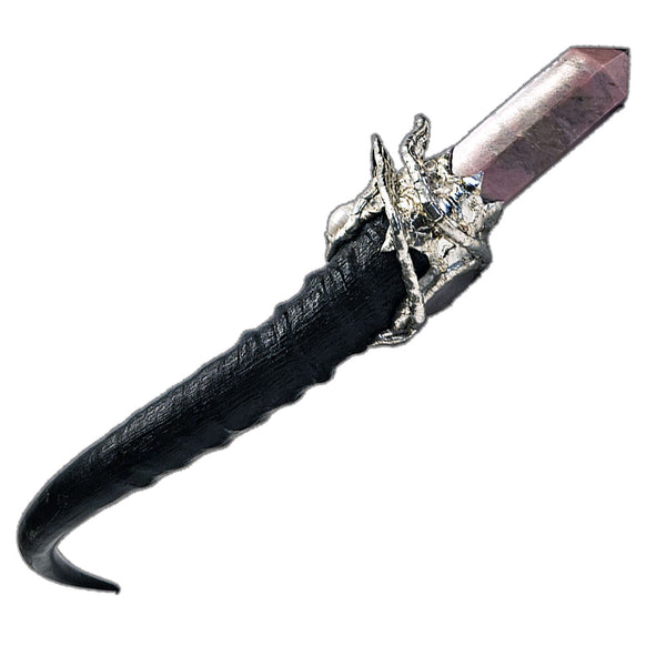 Rhodonite in its matrix with rose quartz cabochon and a white pearl on a blesbok horn scepter side view