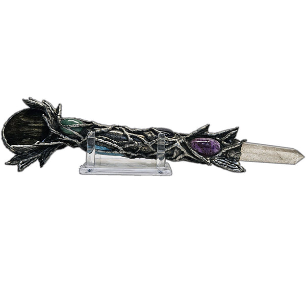 Smoky quartz point wand with gold sheen obsidian, amethyst, emerald, turquoise cabochons
