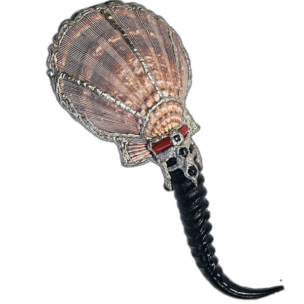 Decorative hand mirror with a blesbok horn handle, labradorite, quartz, amethyst, black pearls and red branch coral back view