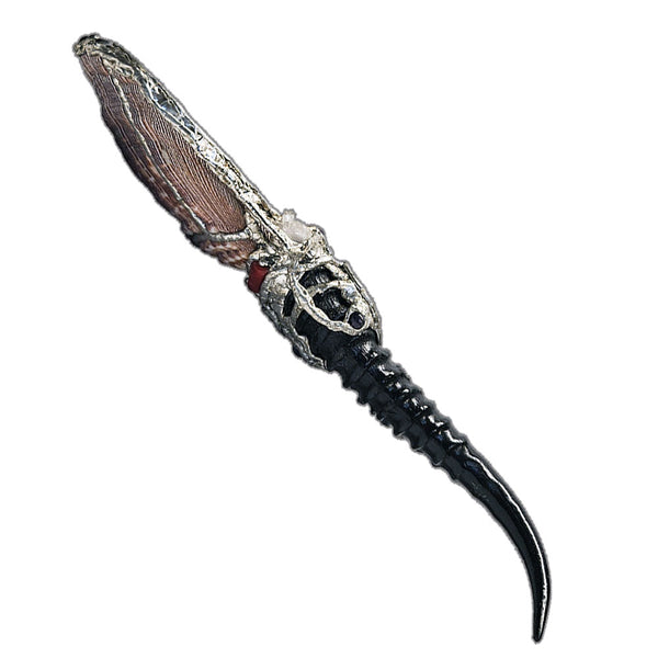 Decorative hand mirror with a blesbok horn handle, labradorite, quartz, amethyst, black pearls and red branch  side view