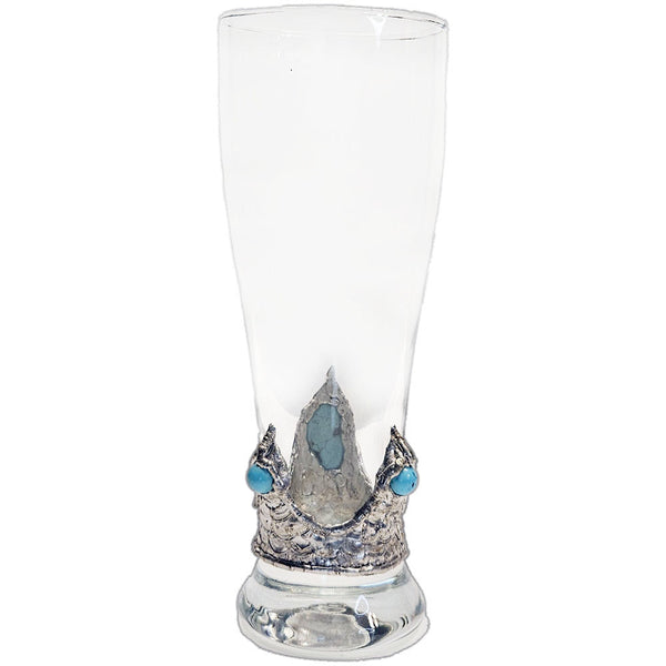 Elegant pilsner glass featuring a polished turquoise cabochon and two refined turquoise accents—crafted for distinction, gift ideas for beer lovers back view
