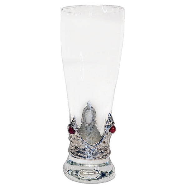 Pilsner glass featuring a rectangular white pearl cabochon accented by two radiant ruby crystal spheres front view back view