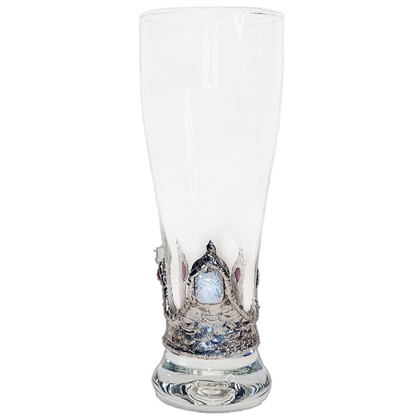 Pilsner glass featuring a rectangular white pearl cabochon accented by two radiant ruby crystal spheres front view