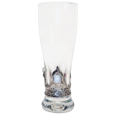 Pilsner glass featuring a rectangular white pearl cabochon accented by two radiant ruby crystal spheres front view